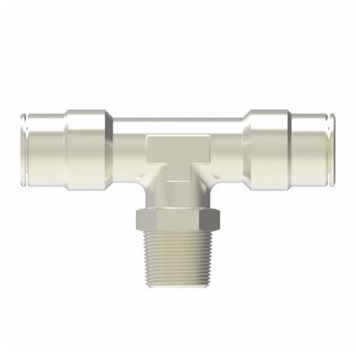 1172X6S by Danfoss | Push to Connect Adapter | Swivel Male Branch Tee | 3/8" Tube OD x 3/8" Tube OD x 1/4" Male NPTF | Nickel Plated Brass