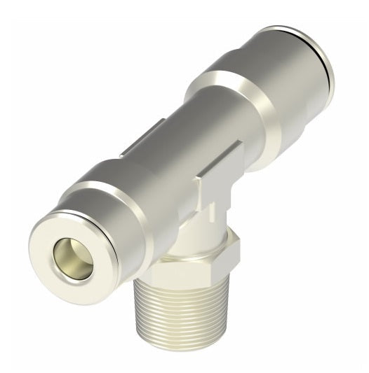 1172X2.5S by Danfoss | Push to Connect Adapter | Swivel Male Branch Tee | 5/32" Tube OD x 5/32" Tube OD x 1/8" Male NPTF | Nickel Plated Brass