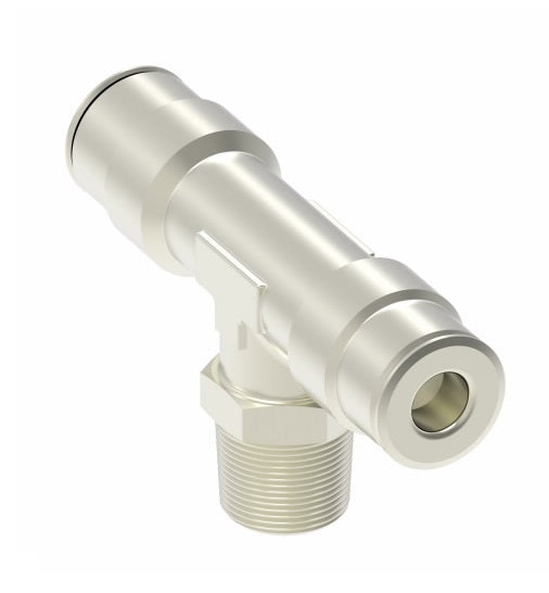 1172X2AS by Danfoss | Push to Connect Adapter | Swivel Male Branch Tee | 1/8" Tube OD x 1/8" Tube OD x 10-32 Male UNF | Nickel Plated Brass