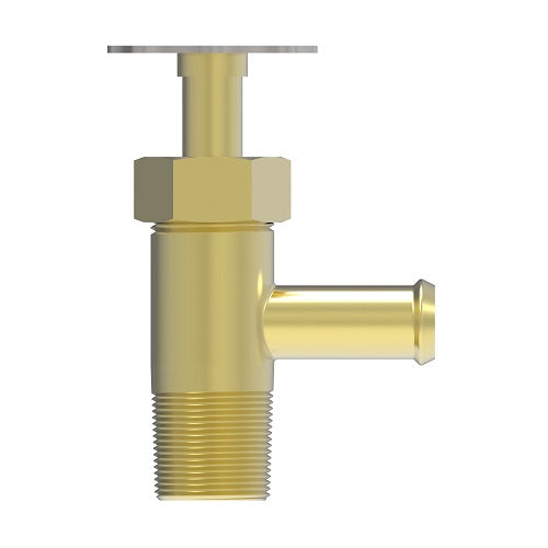 1423 by Danfoss | Drain Cock | Male Pipe to Hose Shut-Off | 90° Elbow | 5/8" Hose Barb x 3/8" Male NPTF | Brass