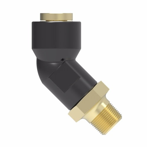 217-38606-03 by Danfoss | Quick Connect Air Brake Adapter | Q-CAB Connection to Male Pipe 45° Elbow | 3/8" Tube OD x 3/8" Male Pipe | Composite & Brass
