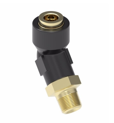 217-38606-03 by Danfoss | Quick Connect Air Brake Adapter | Q-CAB Connection to Male Pipe 45° Elbow | 3/8" Tube OD x 3/8" Male Pipe | Composite & Brass