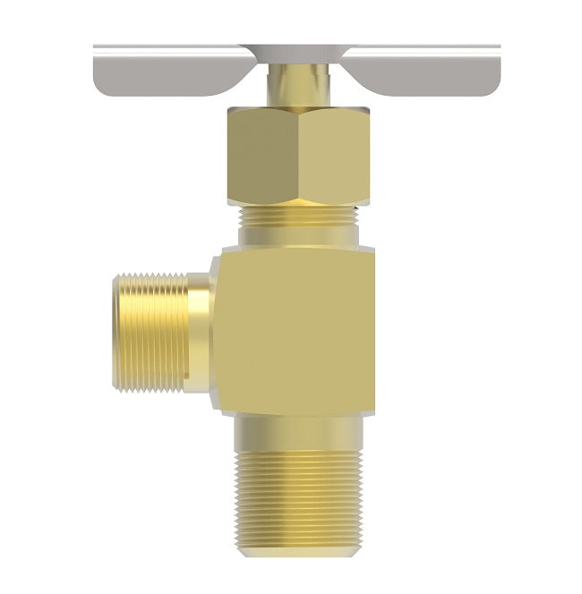 320 by Danfoss | Needle Valve | SAE 45° Flare Angle | 90° Elbow | 1/4" Male SAE 45° Flare x 1/8" Male NPTF | Brass