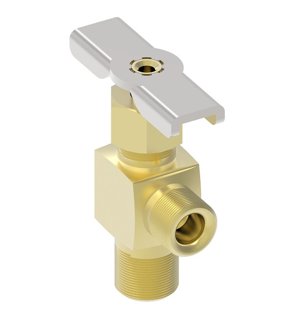 330 by Danfoss | Needle Valve | SAE 45° Flare Angle | 90° Elbow | 3/8" Male SAE 45° Flare x 1/4" Male NPTF | Brass