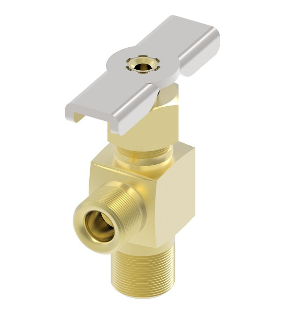 330 by Danfoss | Needle Valve | SAE 45° Flare Angle | 90° Elbow | 3/8" Male SAE 45° Flare x 1/4" Male NPTF | Brass