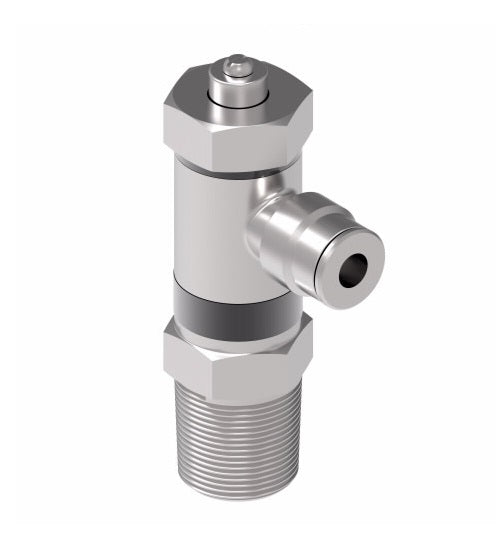 A55SCUX6X6 by Danfoss | Push to Connect Flow Control | Screwdriver Adjust | Right Angle | 3/8" Tube OD x 3/8" Male NPTF | Nickel Plated Brass