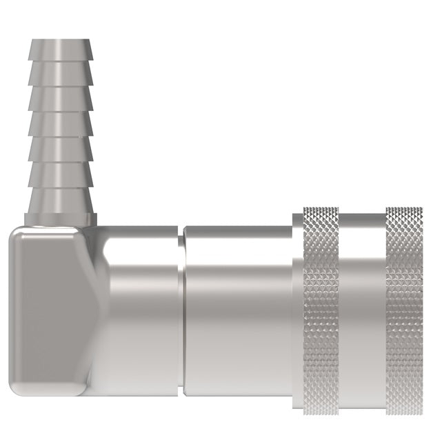 2HGRB Hansen® by Danfoss | Food & Beverage Quick Disconnect Coupling | 2HKGL Series | 90° Elbow | 1/4" Hose Barb x 1/4" Body Size | Socket for Gas | NBR Seal | Stainless Steel