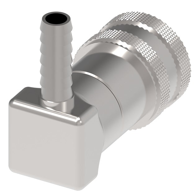 2HGRB Hansen® by Danfoss | Food & Beverage Quick Disconnect Coupling | 2HKGL Series | 90° Elbow | 1/4" Hose Barb x 1/4" Body Size | Socket for Gas | NBR Seal | Stainless Steel
