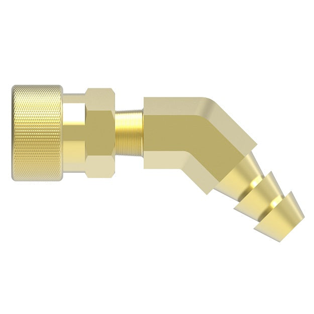 FTS328 Hansen by Danfoss | Thermal Management Quick Disconnect Coupling | Flo-Temp Series | Hose Barb | 45° Elbow | 1/2" Hose ID x 3/8" Body Size | Socket | Non-Valved | Buna-N Seal | Brass