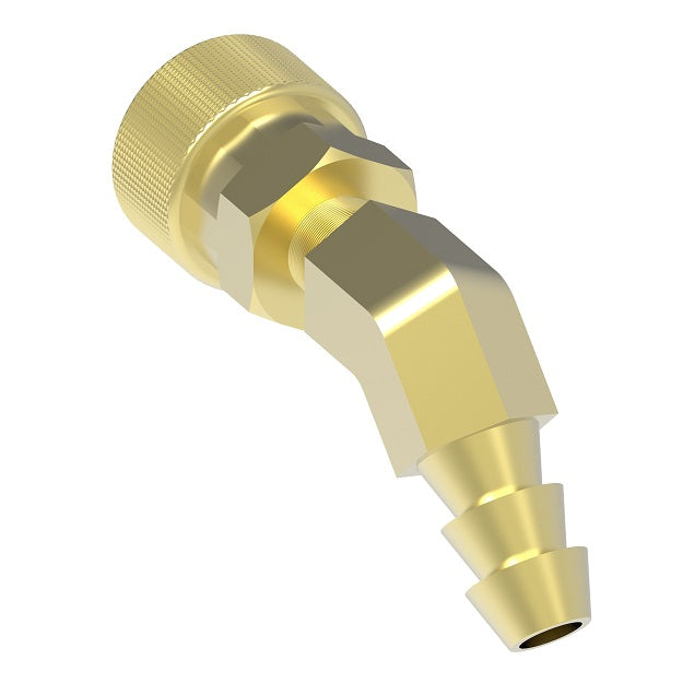 FTS226HP Hansen by Danfoss | Thermal Management Quick Disconnect Coupling | Flo-Temp Series | Push-On Hose Barb | 45° Elbow | 3/8" Hose ID x 1/4" Body Size | Socket | Non- Valved | Buna-N Seal | Brass