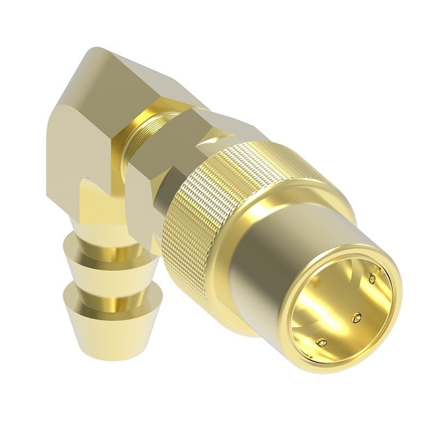 FTS215 Hansen® by Danfoss | Thermal Management Quick Disconnect Coupling | Flo-Temp Series | Hose Barb | 90° Elbow | 5/16" Hose ID x 1/4" Body Size | Socket | Non-Valved | Buna-N Seal | Brass