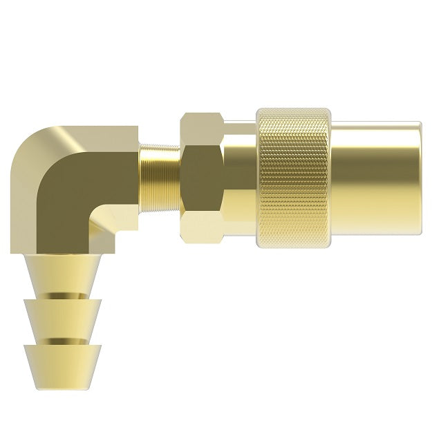 FTS318V Hansen by Danfoss | Thermal Management Quick Disconnect Coupling | Flo-Temp Series | Hose Barb | 90° Elbow | 1/2" Hose ID x 3/8" Body Size | Socket | Valved | Buna-N Seal | Brass