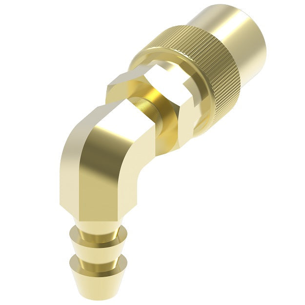 FTS216 Hansen by Danfoss | Thermal Management Quick Disconnect Coupling | Flo-Temp Series | Hose Barb | 90° Elbow | 3/8" Hose ID x 1/4" Body Size | Socket | Non-Valved | Buna-N Seal | Brass