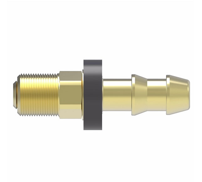 10004B-B05-BG Weatherhead by Danfoss | Male Inverted Swivel Field Attachable Push-On Fitting | 100 'B' Series Barb-Tite | -05 Male Inverted Flare Swivel x -04 Push-On Hose Barb | Brass | Back of 10