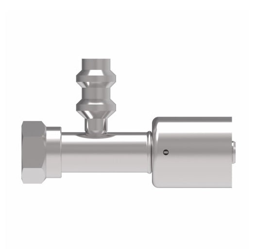 75706E-Z57 Weatherhead by Danfoss | 757 'E' Series | Female Bumped Tube O-Ring Swivel with R134a High Service Port Crimp Fitting | -06 Female Bumped Tube O-Ring x -05 Hose Barb | Steel