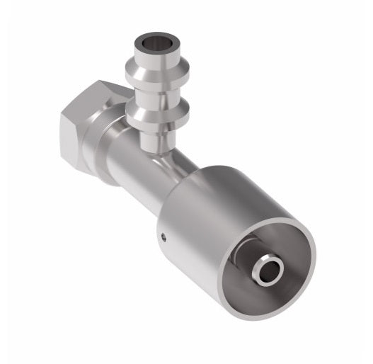 75708E-Z59 Weatherhead by Danfoss | 757 'E' Series | Female Bumped Tube O-Ring Swivel with R134a High Service Port Crimp Fitting | -08 Female Bumped Tube O-Ring x -08 Hose Barb | Steel
