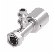 75706E-Z57 Weatherhead by Danfoss | 757 'E' Series | Female Bumped Tube O-Ring Swivel with R134a High Service Port Crimp Fitting | -06 Female Bumped Tube O-Ring x -05 Hose Barb | Steel