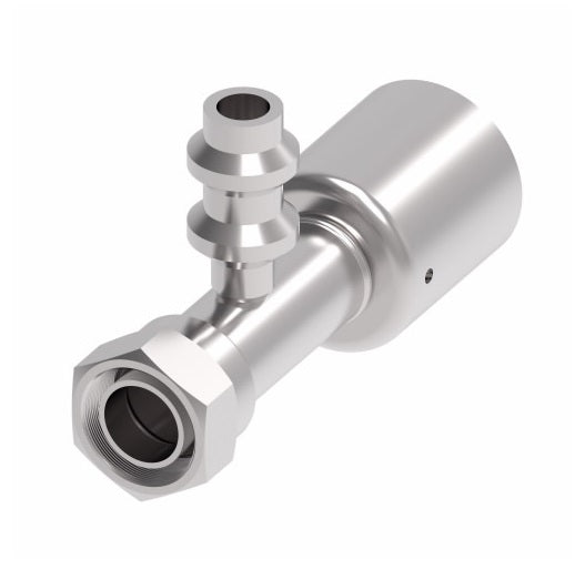 75712E-Z61 Weatherhead by Danfoss | 757 'E' Series | Female Bumped Tube O-Ring Swivel with R134a Low Service Port Crimp Fitting | -10 Female Bumped Tube O-Ring x -10 Hose Barb | Steel