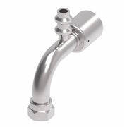 75706E-Z97 Weatherhead by Danfoss | 757 'E' Series | Female Bumped Tube O-Ring Swivel Tube 90° Elbow with R134a High Service Port Crimp Fitting | -06 Female Bumped Tube O-Ring Swivel x -05 Hose Barb | Steel