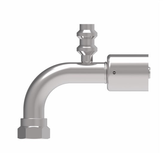 75710E-Z01 Weatherhead by Danfoss | 757 'E' Series | Female Bumped Tube O-Ring Swivel Tube 90° Elbow with R134a Low Service Port Crimp Fitting | -10 Female Bumped Tube O-Ring Swivel x -08 Hose Barb | Steel