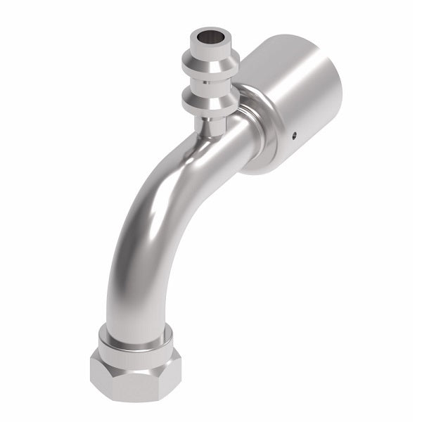 75710E-Z01 Weatherhead by Danfoss | 757 'E' Series | Female Bumped Tube O-Ring Swivel Tube 90° Elbow with R134a Low Service Port Crimp Fitting | -10 Female Bumped Tube O-Ring Swivel x -08 Hose Barb | Steel