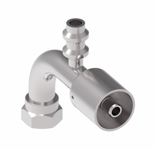 75710E-Z01 Weatherhead by Danfoss | 757 'E' Series | Female Bumped Tube O-Ring Swivel Tube 90° Elbow with R134a Low Service Port Crimp Fitting | -10 Female Bumped Tube O-Ring Swivel x -08 Hose Barb | Steel