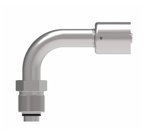 75706E-Z66 Weatherhead by Danfoss | 757 'E' Series | Male Bumped Tube O-Ring Swivel Tube 90° Elbow Crimp Fitting | -06 Male Bumped Tube O-Ring Swivel x -08 Hose Barb | Steel