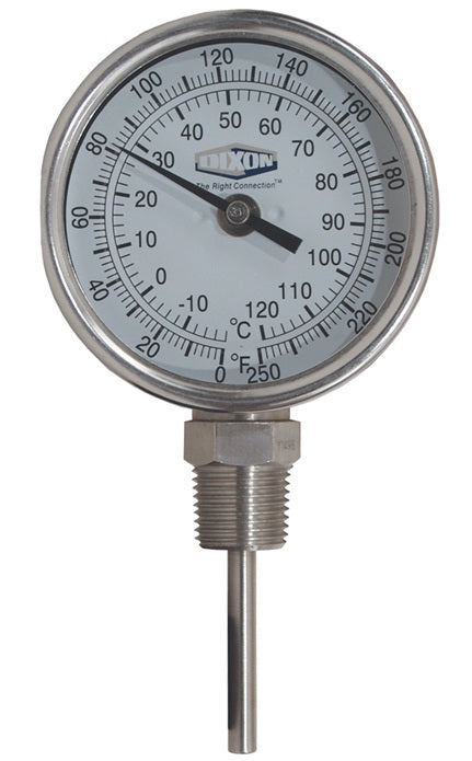 30090104 by Dixon Valve | Bi-Metal Thermometer | Model 31 | Bottom Connected | 90° Angle | 4" Stem Length | 3" Face | Temperateure Range: 50-500°F