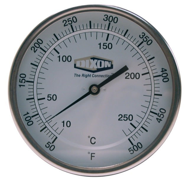 50025104 by Dixon Valve | Bi-Metal Thermometer | Model 50 | Back Connected | 2-1/2" Stem Length | 5" Face | Temperateure Range: 50-500°F