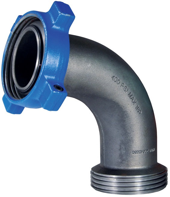 HUMF20640090 by Dixon Valve | Boss® LPS One-Piece Hammer Union Adapter | 90° Elbow | Figure 206 | 4" Size | Male Hammer Union x Female Hammer Union | Ductile Iron