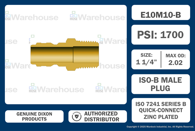 E10M10-B by Dixon Valve | Hydraulic Quick Disconnect Coupling | E-Series | 1-1/4" Male NPTF x 1-1/4" Straight-Through Interchange | Plug | Brass