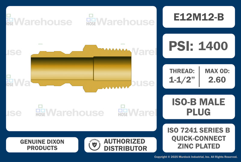 E12M12-B by Dixon Valve | Hydraulic Quick Disconnect Coupling | E-Series | 1-1/2" Male NPTF x 1-1/2" Straight-Through Interchange | Plug | Brass