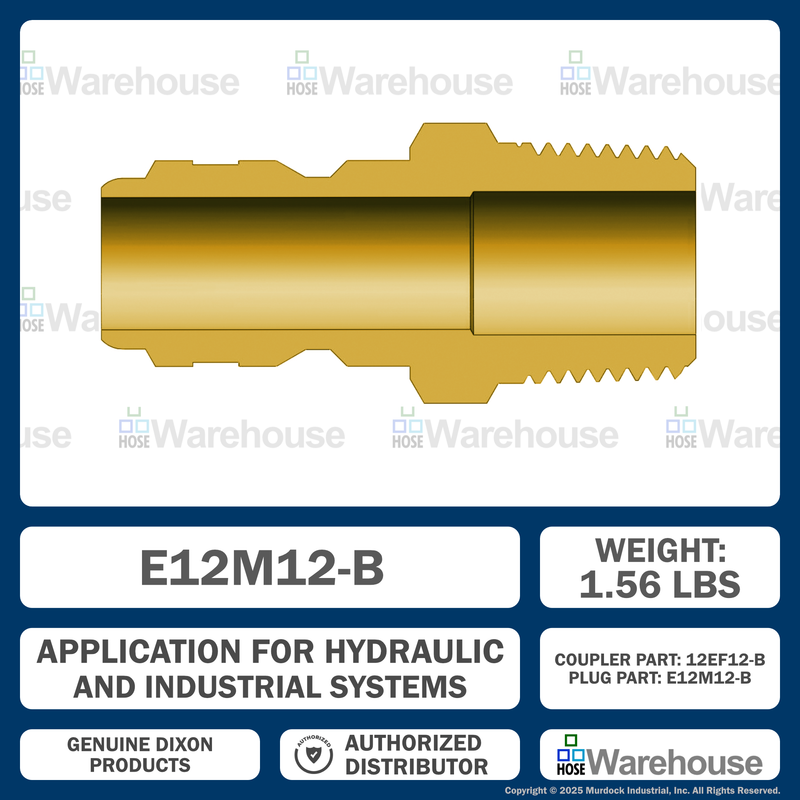 E12M12-B by Dixon Valve | Hydraulic Quick Disconnect Coupling | E-Series | 1-1/2" Male NPTF x 1-1/2" Straight-Through Interchange | Plug | Brass