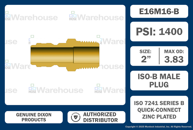 E16M16-B by Dixon Valve | Hydraulic Quick Disconnect Coupling | E-Series | 2" Male NPTF x 2" Straight-Through Interchange | Plug | Brass