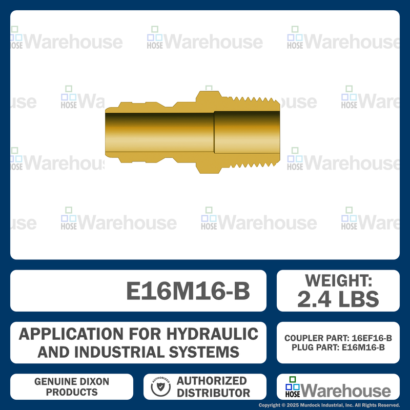 E16M16-B by Dixon Valve | Hydraulic Quick Disconnect Coupling | E-Series | 2" Male NPTF x 2" Straight-Through Interchange | Plug | Brass
