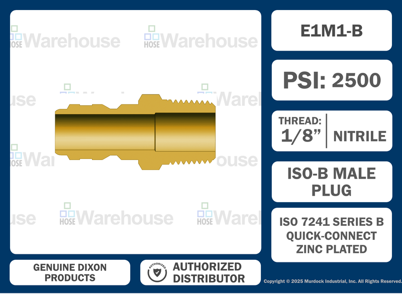 E1M1-B by Dixon Valve | Hydraulic Quick Disconnect Coupling | E-Series | 1/8" Male NPTF x 1/8" Straight-Through Interchange | Plug | Brass