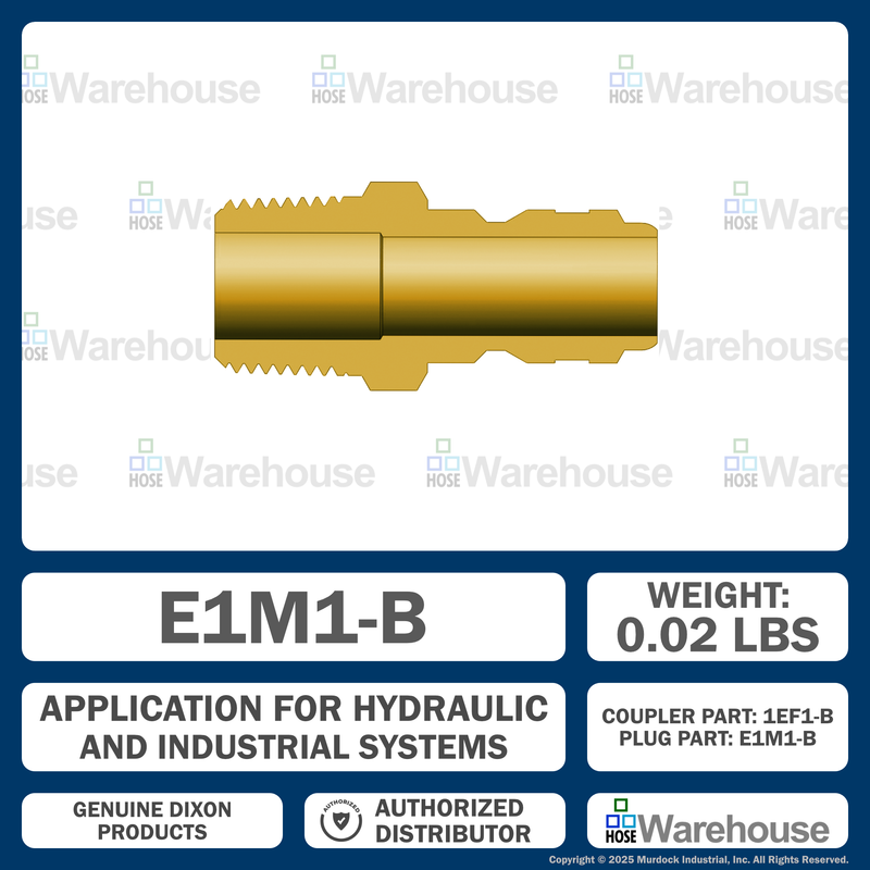 E1M1-B by Dixon Valve | Hydraulic Quick Disconnect Coupling | E-Series | 1/8" Male NPTF x 1/8" Straight-Through Interchange | Plug | Brass