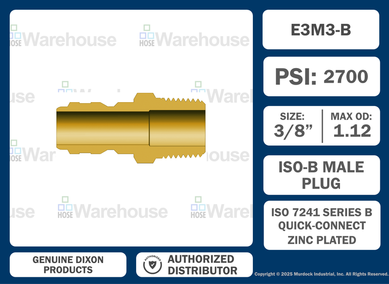 E3M3-B by Dixon Valve | Hydraulic Quick Disconnect Coupling | E-Series | 3/8" Male NPTF x 3/8" Straight-Through Interchange | Plug | Brass