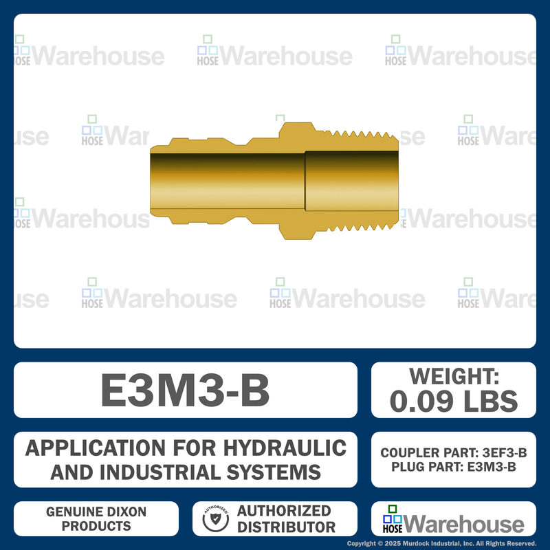 E3M3-B by Dixon Valve | Hydraulic Quick Disconnect Coupling | E-Series | 3/8" Male NPTF x 3/8" Straight-Through Interchange | Plug | Brass