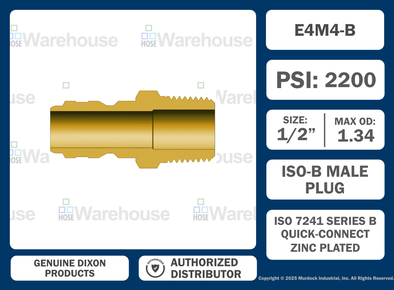 E4M4-B by Dixon Valve | Hydraulic Quick Disconnect Coupling | E-Series | 1/2" Male NPTF x 1/2" Straight-Through Interchange | Plug | Brass