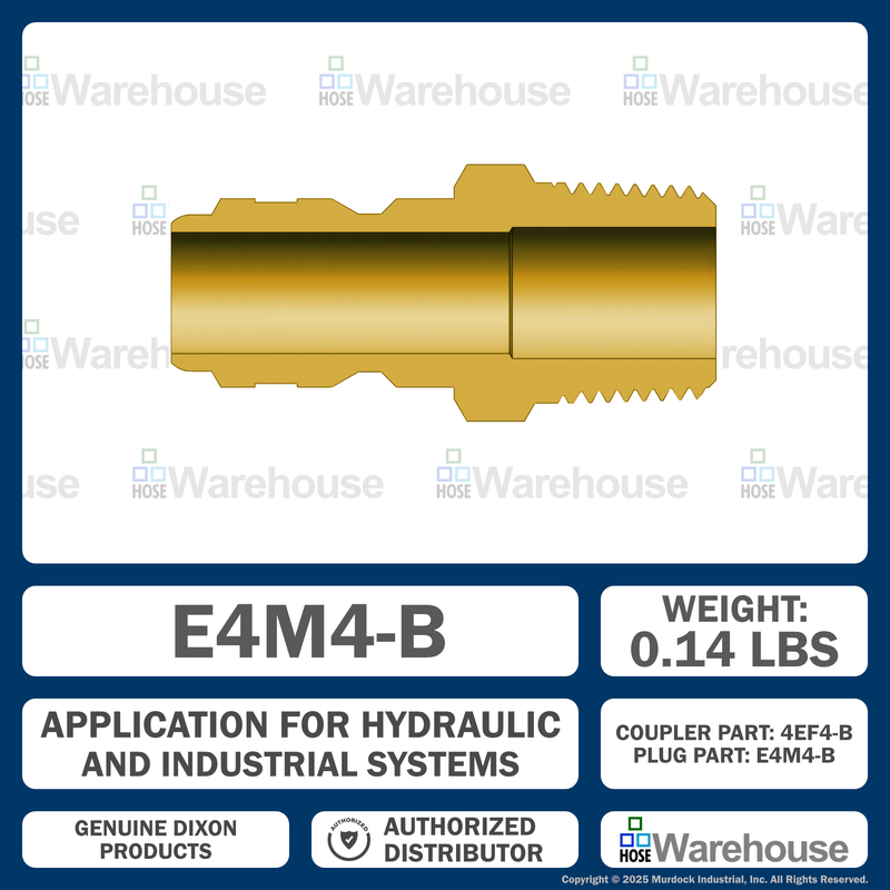 E4M4-B by Dixon Valve | Hydraulic Quick Disconnect Coupling | E-Series | 1/2" Male NPTF x 1/2" Straight-Through Interchange | Plug | Brass