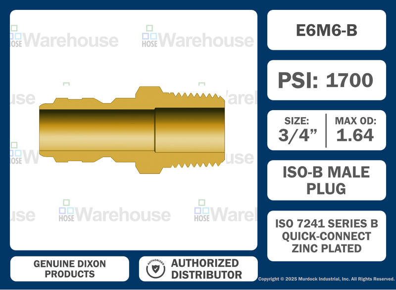 E6M6-B by Dixon Valve | Hydraulic Quick Disconnect Coupling | E-Series | 3/4" Male NPTF x 3/4" Straight-Through Interchange | Plug | Brass