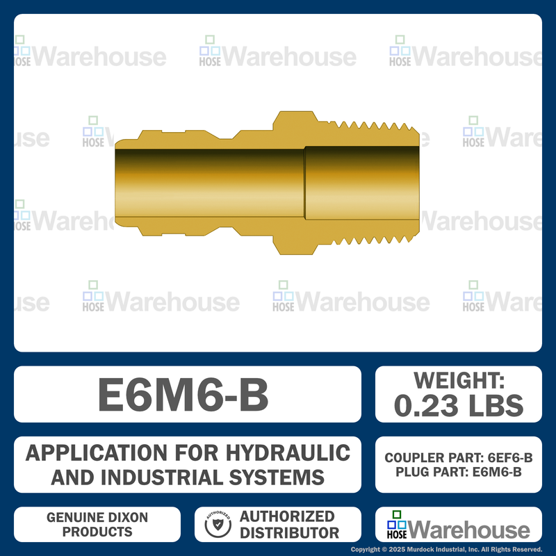 E6M6-B by Dixon Valve | Hydraulic Quick Disconnect Coupling | E-Series | 3/4" Male NPTF x 3/4" Straight-Through Interchange | Plug | Brass