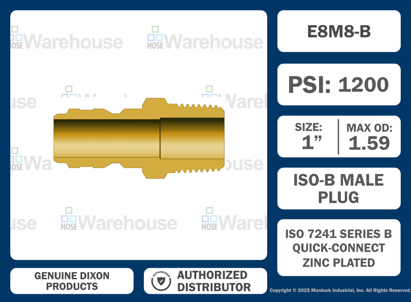 E8M8-B by Dixon Valve | Hydraulic Quick Disconnect Coupling | E-Series | 1" Male NPTF x 1" Straight-Through Interchange | Plug | Brass