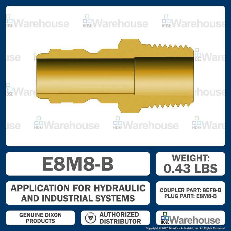 E8M8-B by Dixon Valve | Hydraulic Quick Disconnect Coupling | E-Series | 1" Male NPTF x 1" Straight-Through Interchange | Plug | Brass