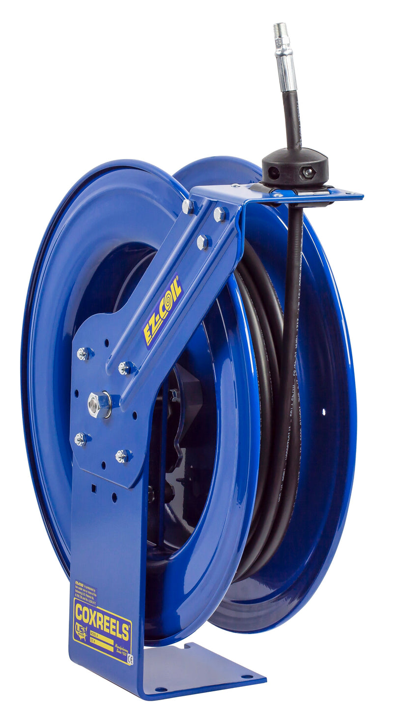 EZ-HP-350 by Coxreels | EZ-SH Series | 4,000 PSI EZ-Coil Safety Spring Driven Hose Reel for Grease & Hydraulic Oil | 3/8" Hose ID, 3/8" FNPT Inlet x 3/8" MNPT Hose End | Steel | 50ft Rubber Hose Included