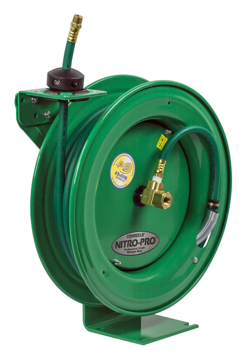 EZ-P-NP-350 by Coxreels | EZ-Nitro-Pro Series | 300 PSI EZ-Coil Safety Spring Driven Hose Reel for Nitrogen | 3/8" Hose ID, 3/8" FNPT Inlet x 3/8" MNPT Hose End | Steel | 50ft PVC Hose Included