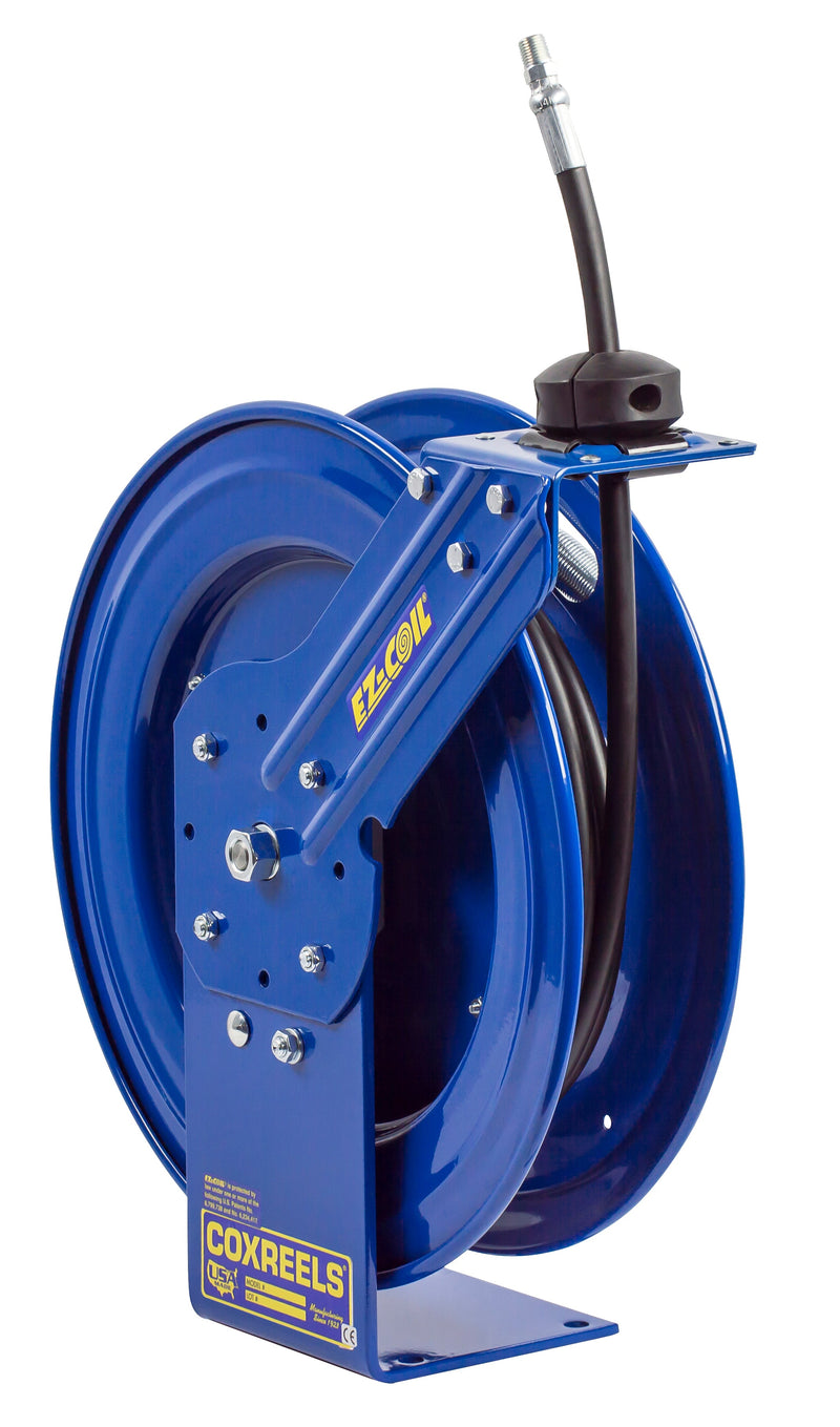 EZ-P-HP-325 by Coxreels | EZ-P Series | 4,000 PSI EZ-Coil Safety Spring Driven Hose Reel for Grease & Hydraulic Oil | 3/8" Hose ID, 3/8" FNPT Inlet x 3/8" MNPT Hose End | Steel | 25ft Rubber Hose Included