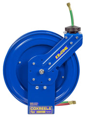 EZ-P-WT-125 by Coxreels | EZ-P-W Series | 200 PSI Dual Hose EZ-Coil Safety Spring Driven Hose Reel for Oxy-Fuel Welding (T-Grade) | 1/4" Hose ID, 1/4" FNPT Inlet x 1/4" MNPT Hose End | Steel | 25ft Neoprene Hose Included