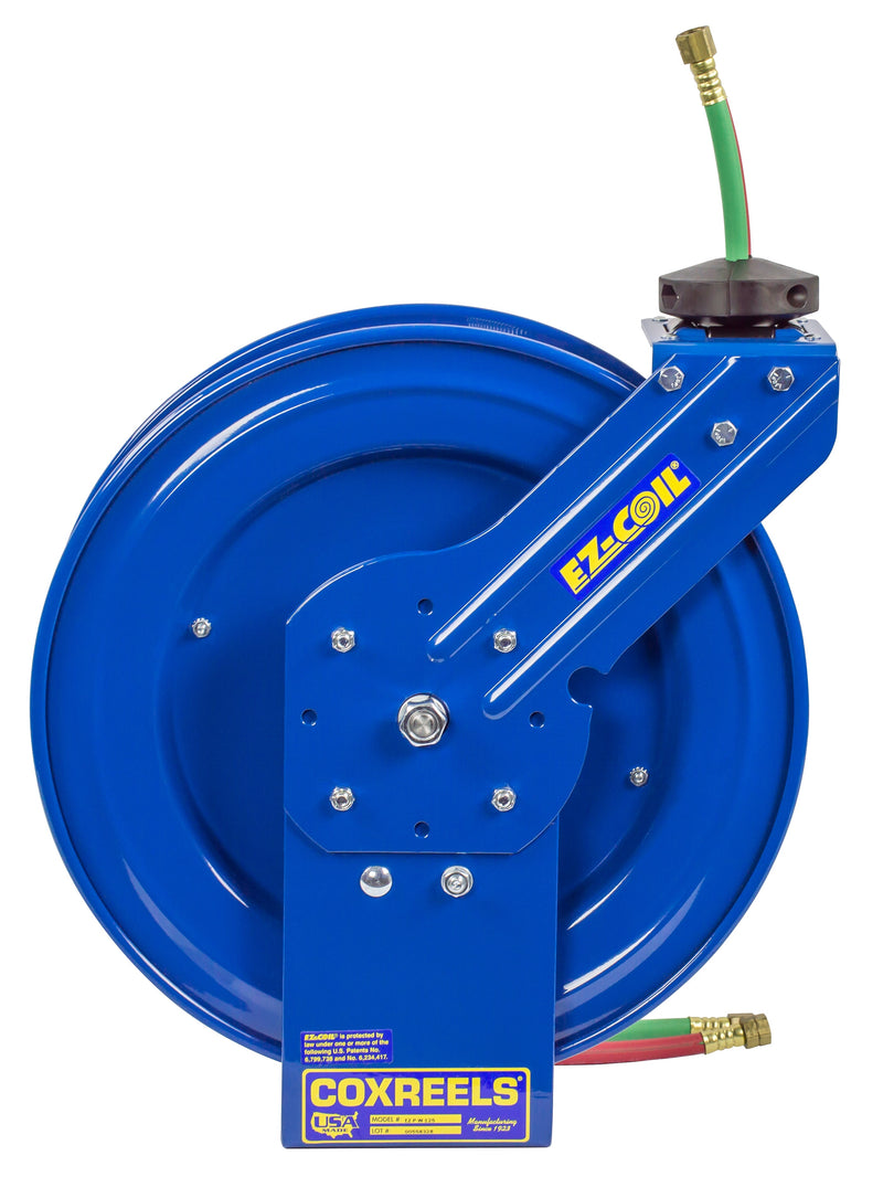 EZ-P-WT-125 by Coxreels | EZ-P-W Series | 200 PSI Dual Hose EZ-Coil Safety Spring Driven Hose Reel for Oxy-Fuel Welding (T-Grade) | 1/4" Hose ID, 1/4" FNPT Inlet x 1/4" MNPT Hose End | Steel | 25ft Neoprene Hose Included
